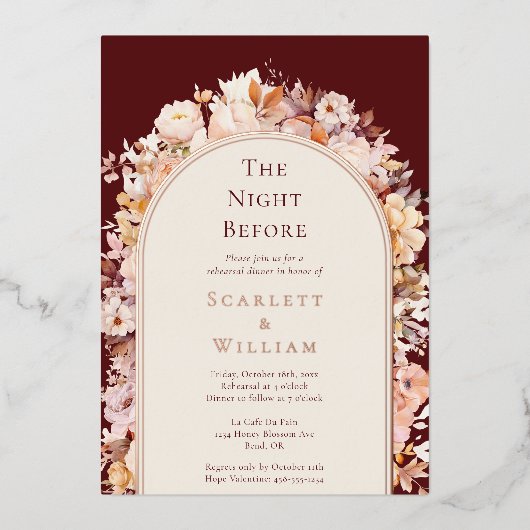 フォイル秋のフローラバーガン結婚ディの前の夜 箔招待状 (正面)