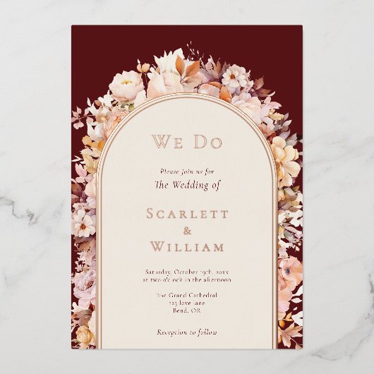 フォイル秋のフローラブルガンディアーチ私たちは結婚行う 箔招待状 (正面)