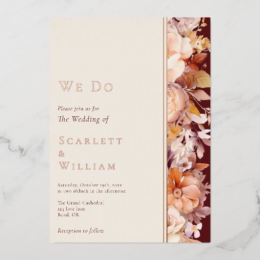 フォイル秋のフローラモダンブルゴーニュ結婚ー 箔招待状 (正面)