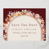 フォイル秋のブルゴーニュ結婚式は日付カードを保存 箔招待状ポストカード (正面)