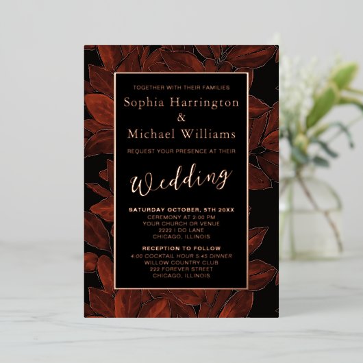 フォイル秋紅葉編集可能テンプレートクリムゾン 箔招待状 (立ち正面)