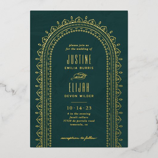フォイル華美アーチ結婚式招待状-ティール（緑がかった色） 箔招待状 (正面)