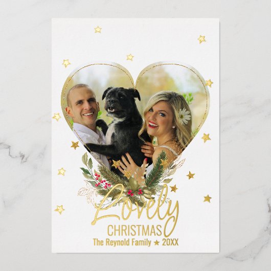 フォイル金ゴールドグリッタースターズラブクリスマスフォトハート 箔シーズンカード (正面)