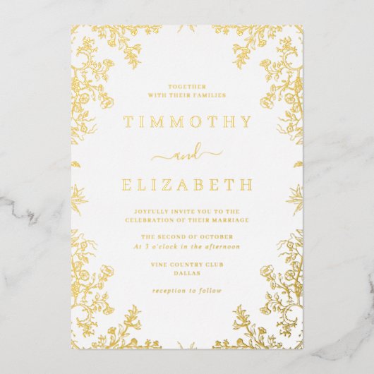 フォイル金ゴールドフローラエレガントなウェディングフォイル招待状 箔招待状 (正面)