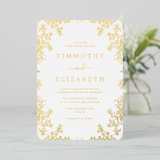 フォイル金ゴールドフローラエレガントなウェディングフォイル招待状 箔招待状 (立ち正面)