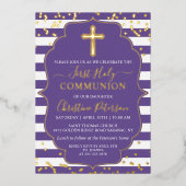 フォイル金ゴールドラベンダーパープルストライプズ最初の聖餐式 箔招待状 (正面)
