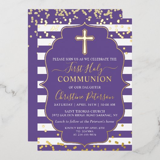 フォイル金ゴールドラベンダーパープルストライプズ最初の聖餐式 箔招待状 (正面/裏面)