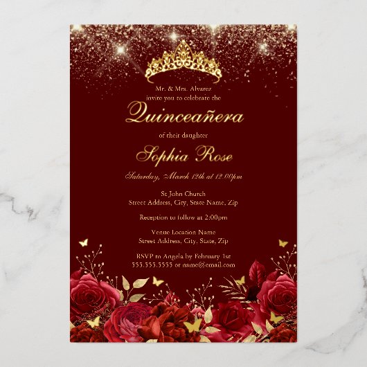 フォイル金ゴールドレッドフローラバタフライティアラキンセアニェラ 箔招待状 (正面)