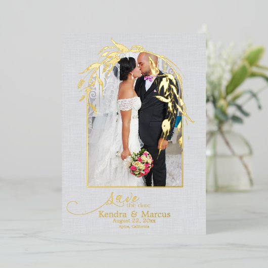 フォイル ダスティーブルー ユーカリ アーチウェイ あなたの写真 箔招待状 (立ち正面)