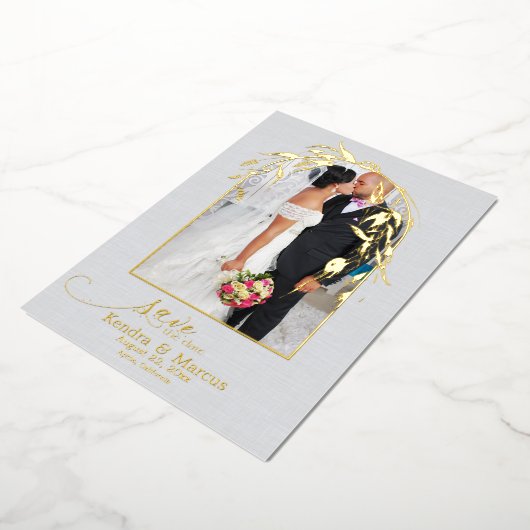 フォイル ダスティーブルー ユーカリ アーチウェイ あなたの写真 箔招待状 (回転した状態)