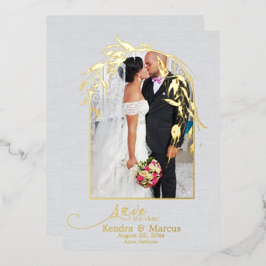 フォイル ダスティーブルー ユーカリ アーチウェイ あなたの写真 箔招待状 (正面/裏面)