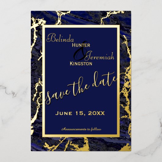 フォイル&ネイビーブルー5" x 7"ウェディング日付を保存 箔招待状 (正面)
