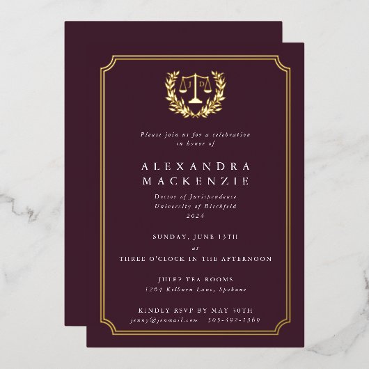 フォイル+ブルゴーニュJDロースクール卒業パーティー 箔招待状 (正面/裏面)