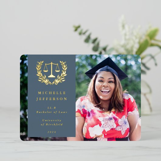 フォイル・ブルー法律学校卒業発表 箔招待状 (立ち正面)