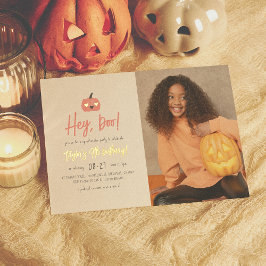 フォイル Hey Boo モダン ハロウィン ボホー 誕生日 写真入り 箔招待状