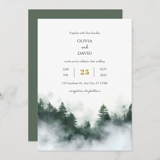 フォギーシーサイドグリーンウッドランドフォレストビーチ結婚式 招待状 (正面/裏面)