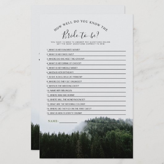 フォギーパインツリーズレインフォレストブライダルシャワーゲーム (正面/裏面)