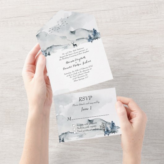 フォギーマウンテンズウォー結婚ターカラーズ オールインワン招待状 (貼ってはがせる)