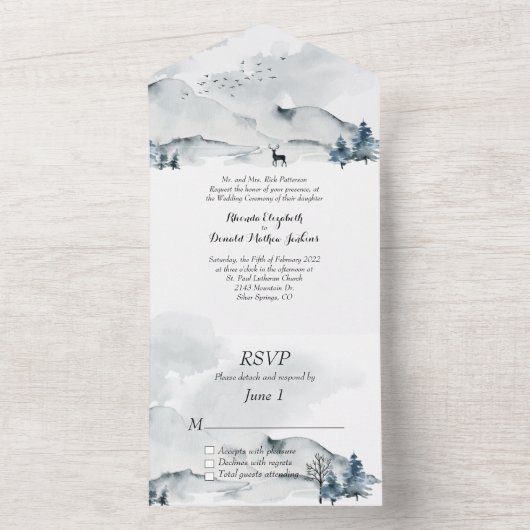 フォギーマウンテンズウォー結婚ターカラーズ オールインワン招待状 (内側)