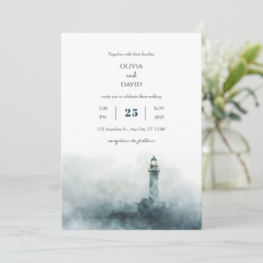 フォギーライトハウスモーニングウォーターカラービーチ結婚式 招待状 (スタンド正面)