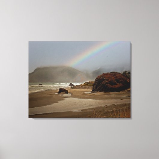 フォグアンドレインボーオンザピスティルリバーオレゴンビーチ キャンバスプリント (正面)