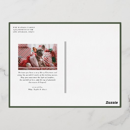 フォググリーンモダンゴールドフォイルフレームフォトクリスマス 箔シーズンポストカード (裏面)