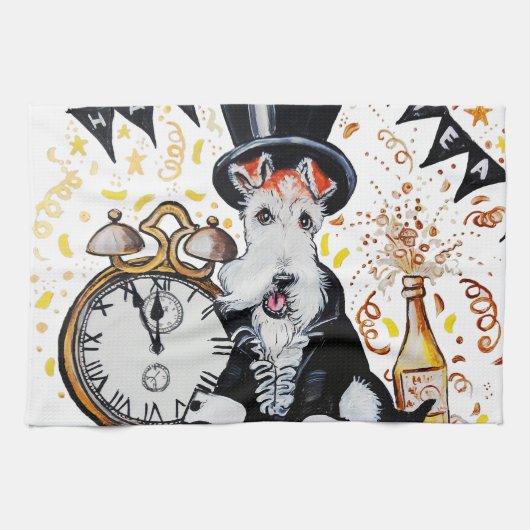 フォックステリア犬の明けましておめでとう キッチンタオル (横)