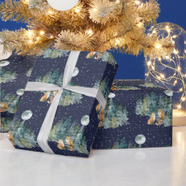 フォックスファミリーの森の満月の雪の降るクリスマス ラッピングペーパー
