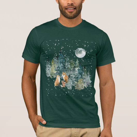 フォックスファミリーフォレスト満月雪景色 Tシャツ (正面)