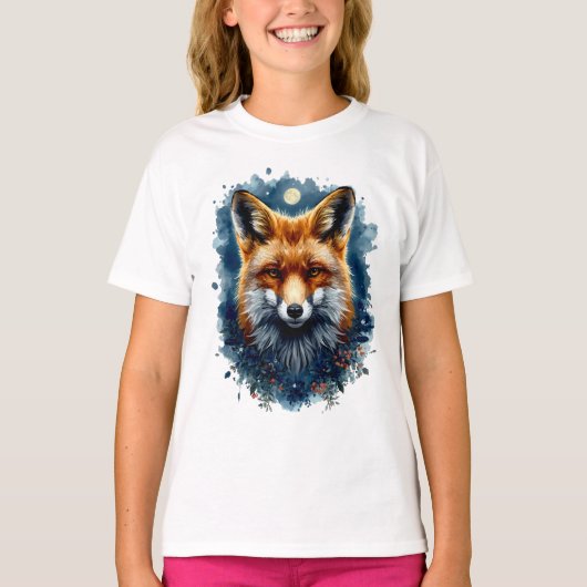 フォックス 水彩 月 森の動物 エステティック Tシャツ (正面)