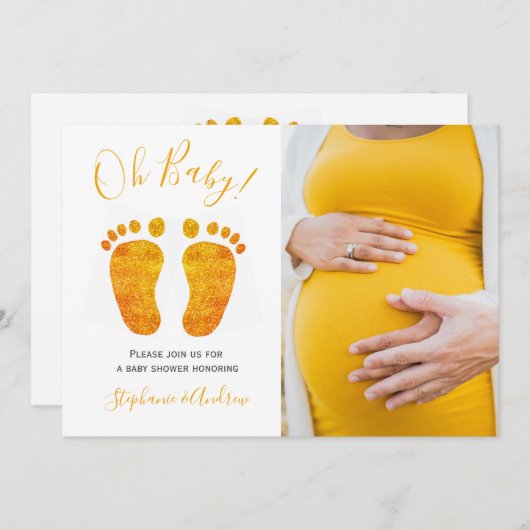 フォトああベビー金ゴールド足カップルの赤ちゃんシャワー 招待状 (正面/裏面)
