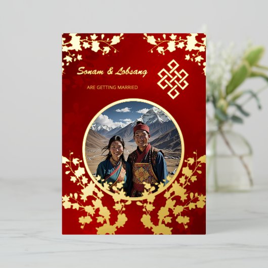 フォトさくらんぼブロッサム結婚チベット 箔招待状 (立ち正面)