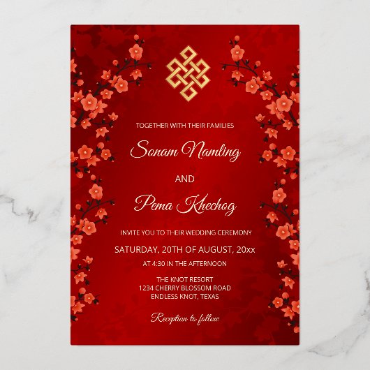 フォトさくらんぼブロッサム結婚チベット 箔招待状 (裏面)
