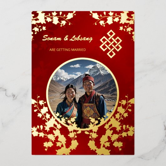 フォトさくらんぼブロッサム結婚チベット 箔招待状 (正面)
