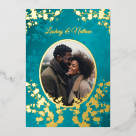 フォトさくらんぼ結婚ブロッサムターコイズ 箔招待状