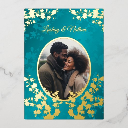 フォトさくらんぼ結婚ブロッサムターコイズ 箔招待状 (正面)