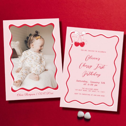 フォトさくらんぼ誕生日パーティー 招待状