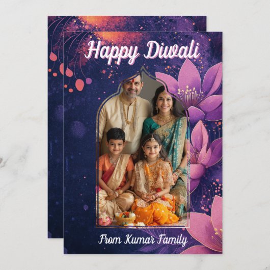 フォトと文字カスタムグローとロータス、カード付き 招待状 (正面/裏面)