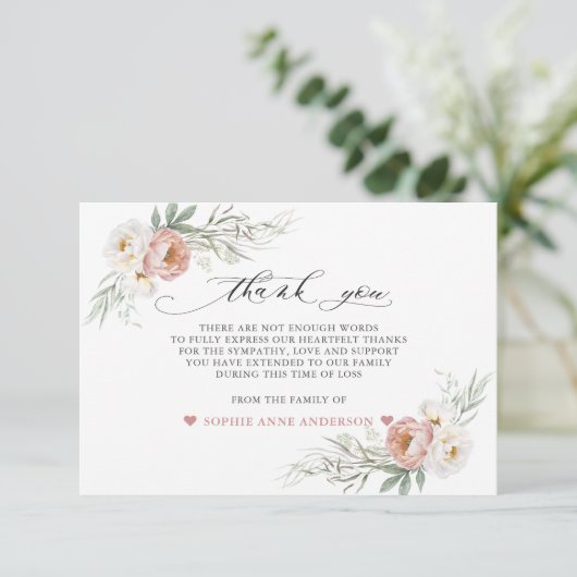 フォトほこりっぽいバラ白い花を愛の記憶に サンキューカード (スタンド正面)