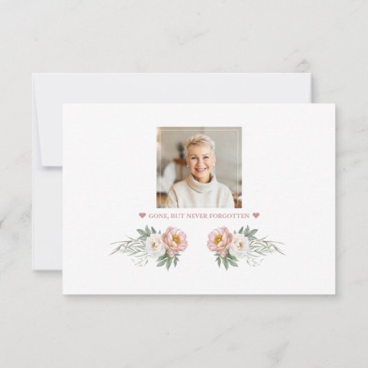 フォトほこりっぽいバラ白い花を愛の記憶に サンキューカード (裏面)