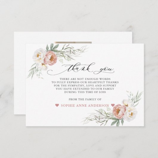 フォトほこりっぽいバラ白い花を愛の記憶に サンキューカード (正面/裏面)