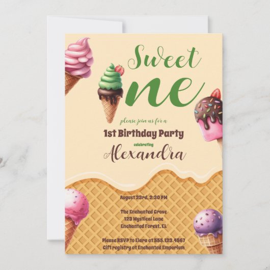 フォトアイスクリームスウィートワンファースト誕生日 招待状 (正面)