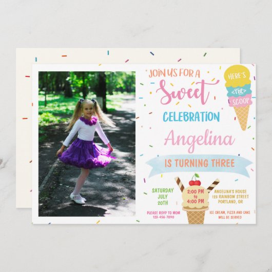 フォトアイスクリーム誕生日招待スイートパーティー 招待状 (正面/裏面)