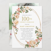 フォトアイボリー ホワイト ローズ 100歳の誕生日パーティー 招待状 (正面/裏面)
