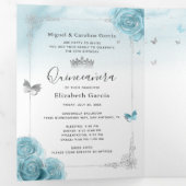 フォトアエレガントアターコイズティール(緑がかった色)シルバーカンス 三つ折り招待状 (内部最初)