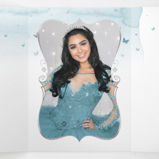 フォトアエレガントアターコイズティール(緑がかった色)シルバーカンス 三つ折り招待状 (内部中)