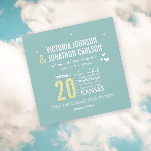 フォトアクアとイエロージグザグタイポグラフィ結婚ズ 招待状