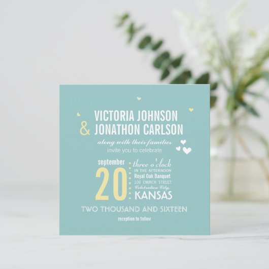 フォトアクアとイエロージグザグタイポグラフィ結婚ズ 招待状 (スタンド正面)