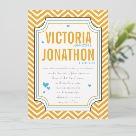 フォトアクアイエロージグザグホテル結婚タイポグラフィ 招待状 (スタンド正面)