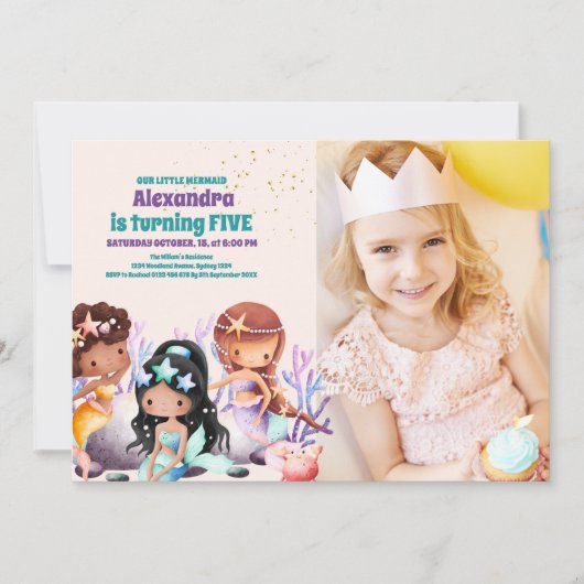 フォトアクアグリーン金ゴールドリトルマーメイド誕生日 招待状 (正面)
